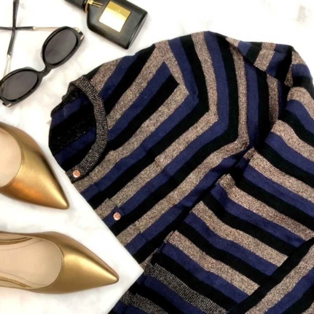 Striped Metallic Thread Crewneck Cardigan